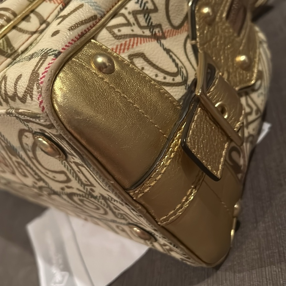 Coach Poppy Chelsea Graffiti Gold Tattersall Satchel Purse Cream and Gold - Picture 9 of 17